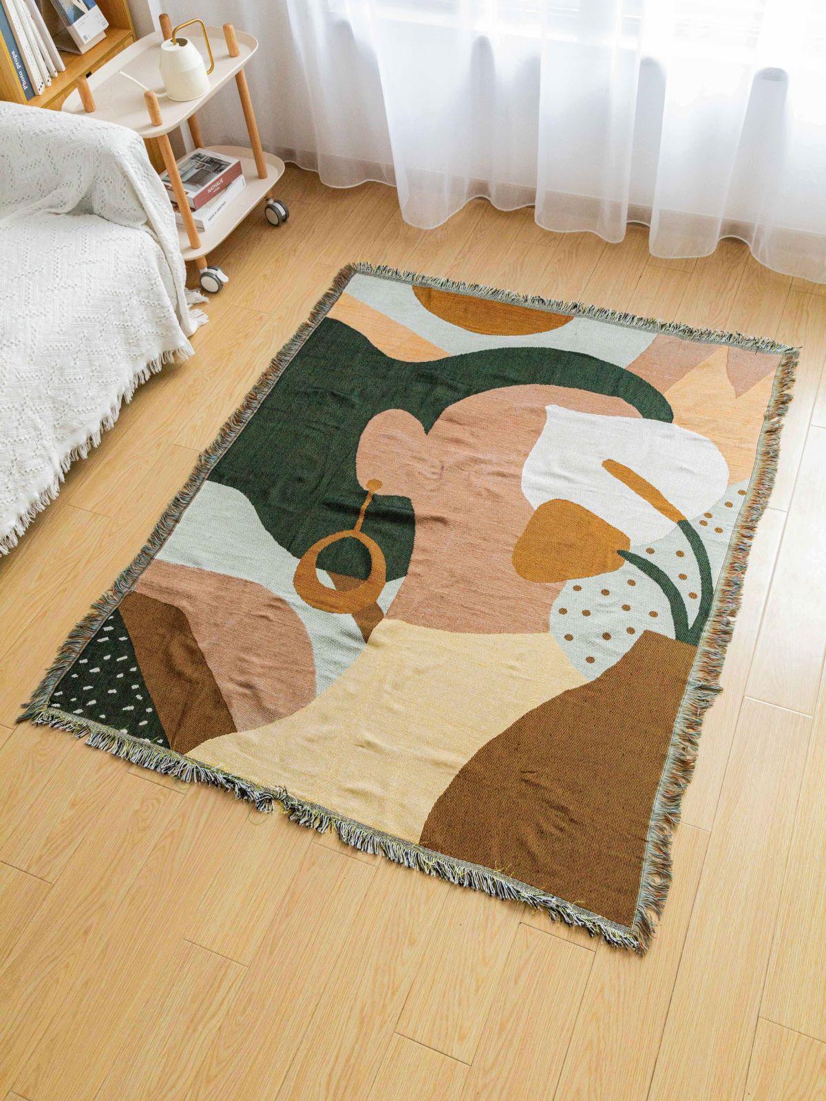 Boho Abstract Woven Blanket – 180x130cm Decorative Throw with Tassel Edges - Mekamart Australia