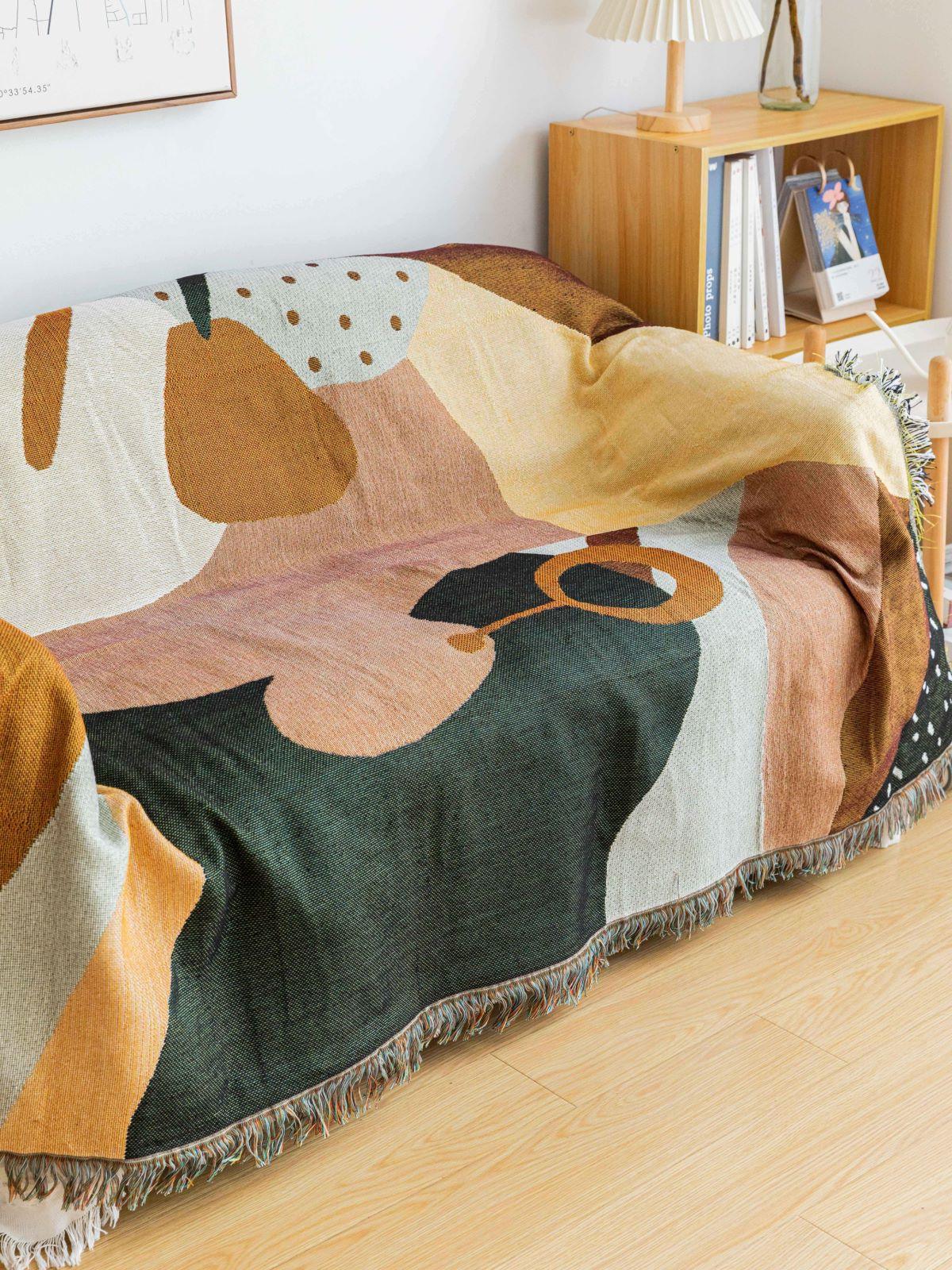 Boho Abstract Woven Blanket – 180x130cm Decorative Throw with Tassel Edges - Mekamart Australia