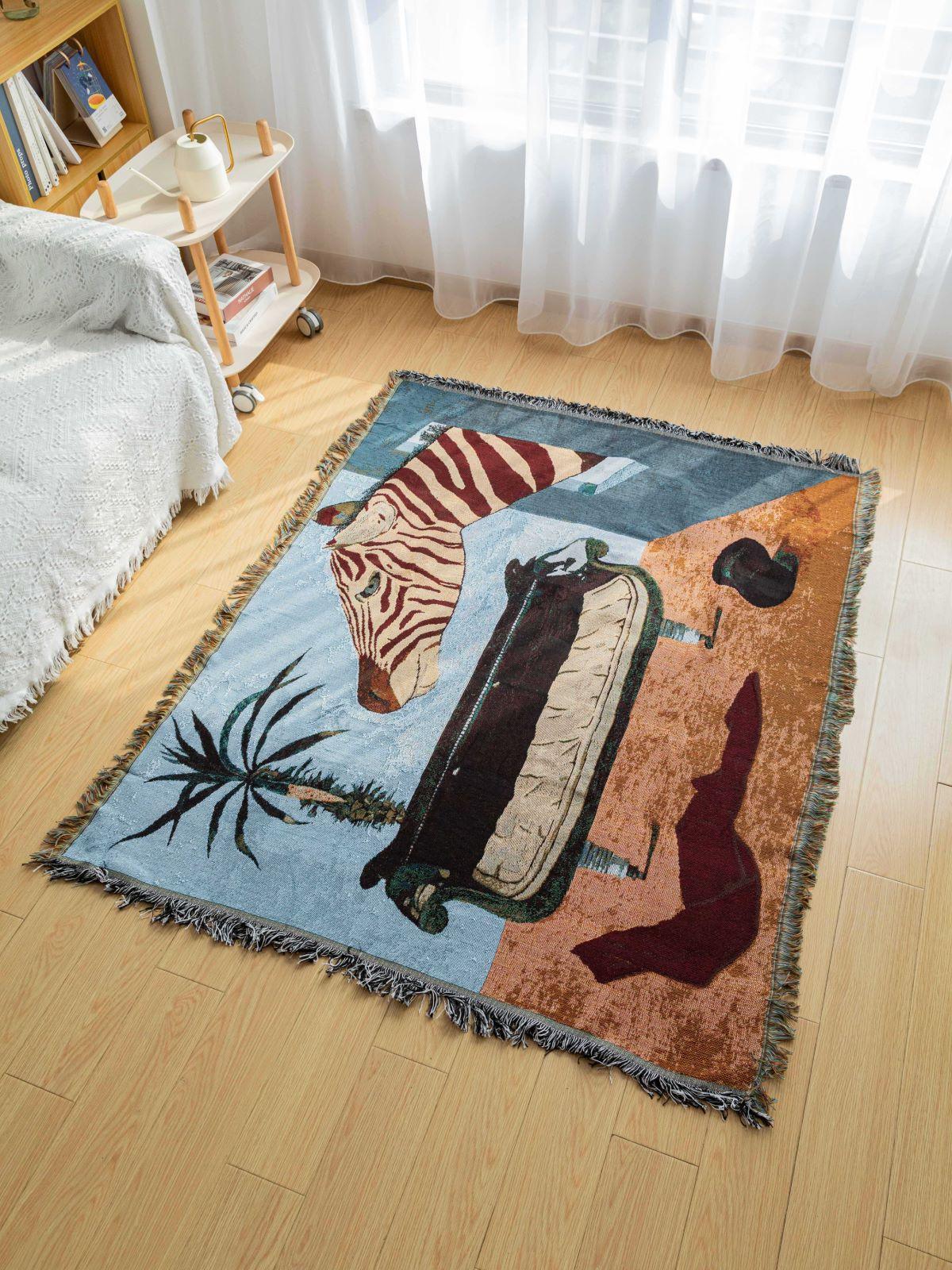 Safari-Inspired Woven Blanket - 160x130cm Artistic Tapestry Throw with Tassel Edges - Mekamart Australia
