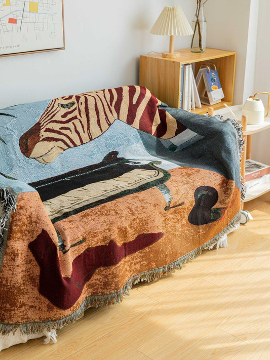 Safari-Inspired Woven Blanket - 160x130cm Artistic Tapestry Throw with Tassel Edges - Mekamart Australia