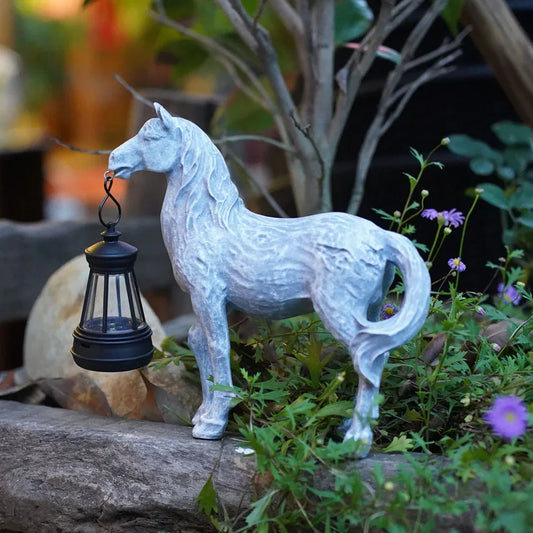 Grey Solar-Powered Horse Statue with LED Lantern – Rustic Outdoor Garden Ornament - Mekamart Australia