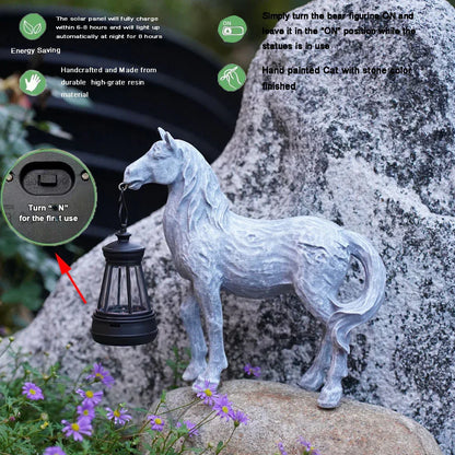 Grey Solar-Powered Horse Statue with LED Lantern – Rustic Outdoor Garden Ornament - Mekamart Australia