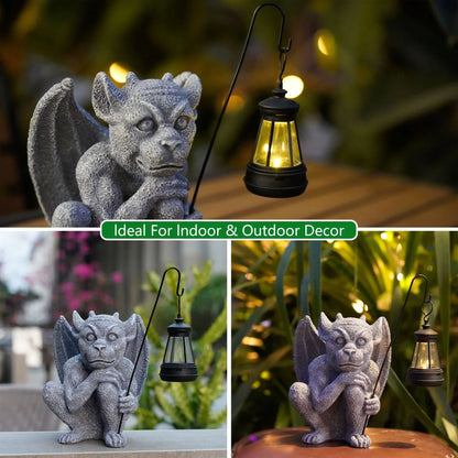 Solar-Powered Gargoyle Statue with LED Lantern – Gothic Outdoor Halloween Garden Decor - Mekamart Australia