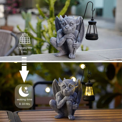 Solar-Powered Gargoyle Statue with LED Lantern – Gothic Outdoor Halloween Garden Decor - Mekamart Australia