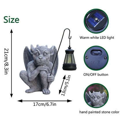 Solar-Powered Gargoyle Statue with LED Lantern – Gothic Outdoor Halloween Garden Decor - Mekamart Australia