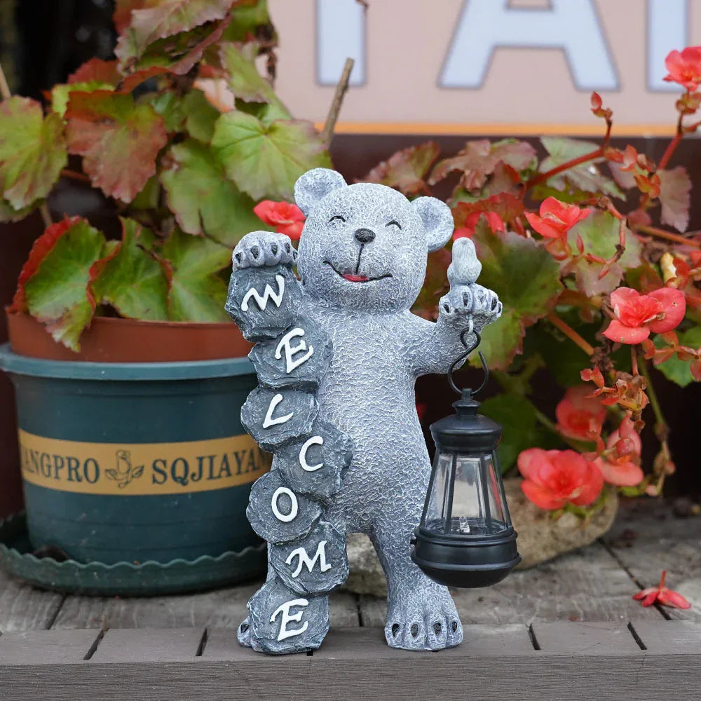 Solar-Powered Welcome Bear Statue with LED Lantern - Outdoor Garden & Patio Decor - Mekamart Australia