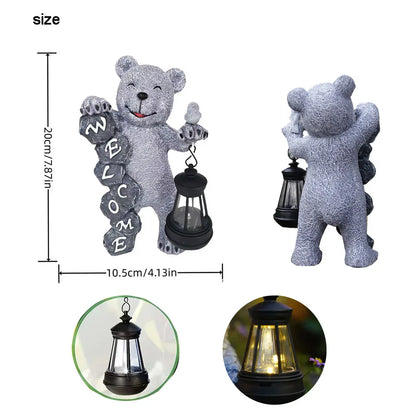 Solar-Powered Welcome Bear Statue with LED Lantern - Outdoor Garden & Patio Decor - Mekamart Australia