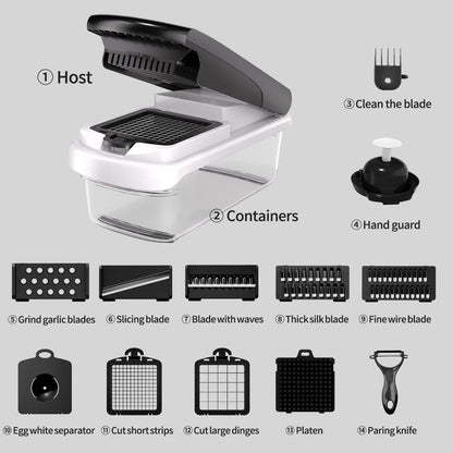 Black and white 14-Piece Multifunctional Vegetable Chopper and Slicer Set - Kitchen Cutting and Grating Tool - Mekamart Australia