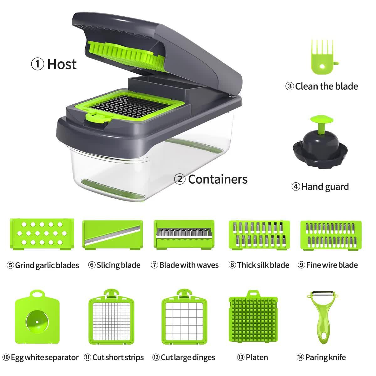 Green and Grey 14-Piece Multifunctional Vegetable Chopper and Slicer Set - Kitchen Cutting and Grating Tool - Mekamart Australia