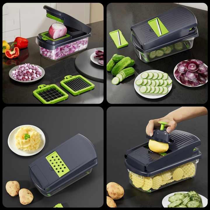 Green and White 14-Piece Multifunctional Vegetable Chopper and Slicer Set - Kitchen Cutting and Grating Tool - Mekamart Australia