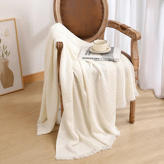 130*230CM Off White Nordic Solid Color Knitted Sofa Throw Blanket with Tassels – Waffle Weave Polyester Decorative Blanket - Mekamart Australia