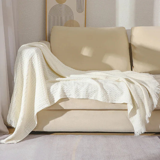130*230CM Off White Nordic Solid Color Knitted Sofa Throw Blanket with Tassels – Waffle Weave Polyester Decorative Blanket - Mekamart Australia