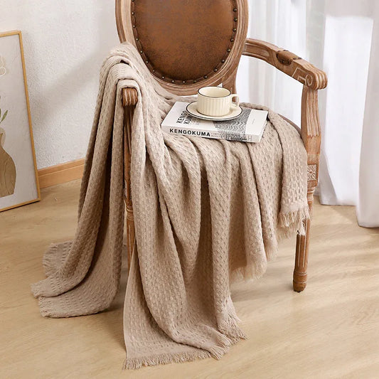 130*230CM Khaki Nordic Solid Color Knitted Sofa Throw Blanket with Tassels - Waffle Weave Polyester Decorative Blanket - Mekamart Australia
