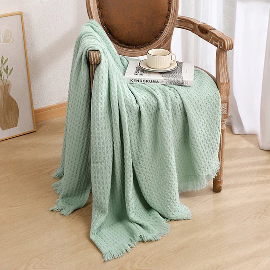 130*230CM Cyan Nordic Solid Color Knitted Sofa Throw Blanket with Tassels - Waffle Weave Polyester Decorative Blanket - Mekamart Australia