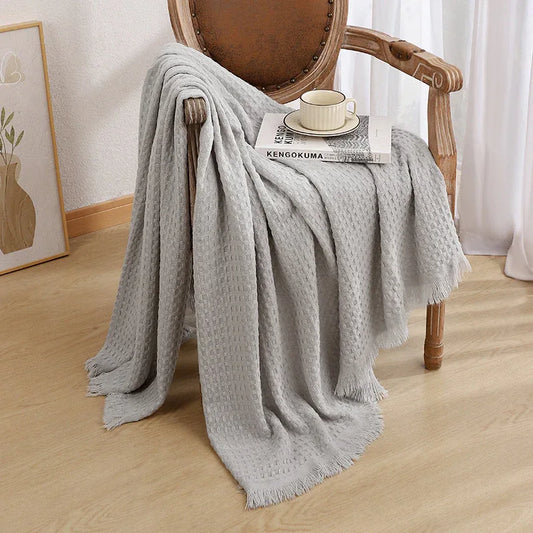 130*230CM Grey Nordic Solid Color Knitted Sofa Throw Blanket with Tassels - Waffle Weave Polyester Decorative Blanket - Mekamart Australia