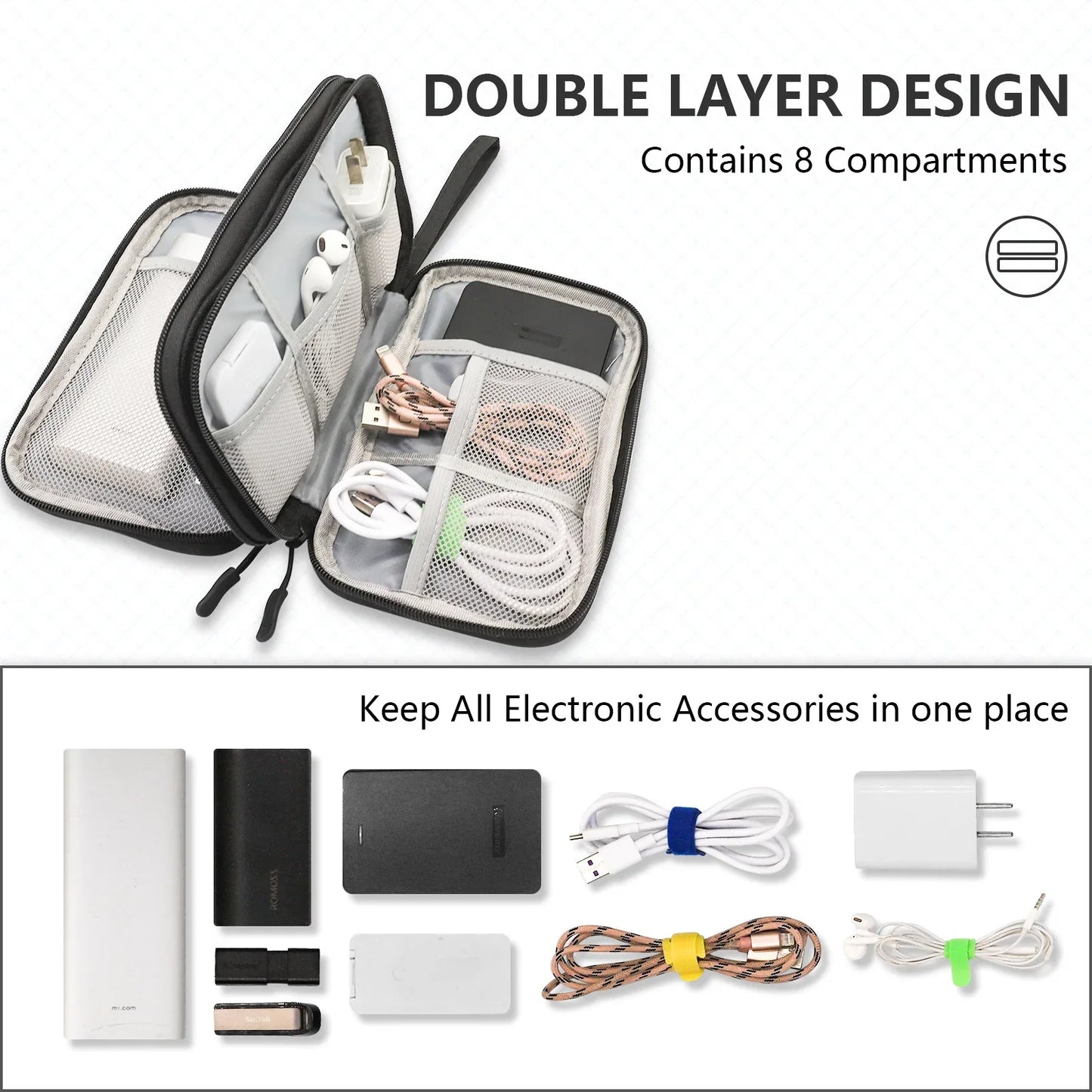 Black Portable Digital Organizer Bag – Multifunctional Storage for Power Banks, Cables, and Accessories(Photography Props Not Included) - Mekamart Australia