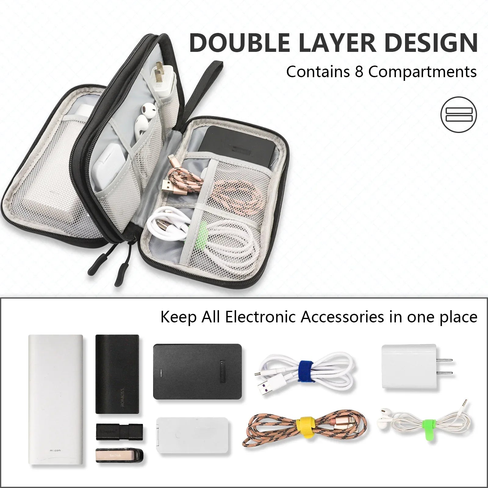 Black Portable Digital Organizer Bag – Multifunctional Storage for Power Banks, Cables, and Accessories(Photography Props Not Included) - Mekamart Australia