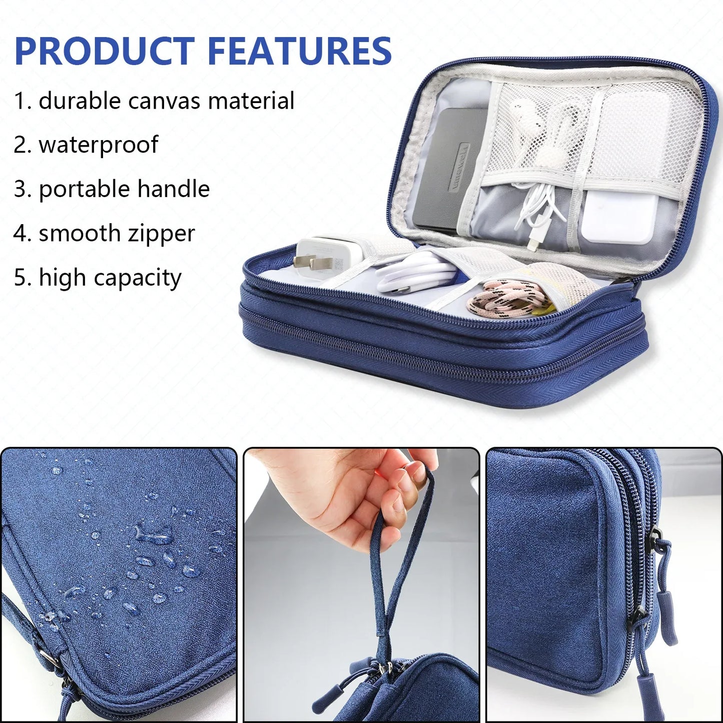 Dark Blue Portable Digital Organizer Bag - Multifunctional Storage for Power Banks, Cables, and Accessories(Photography Props Not Included) - Mekamart Australia