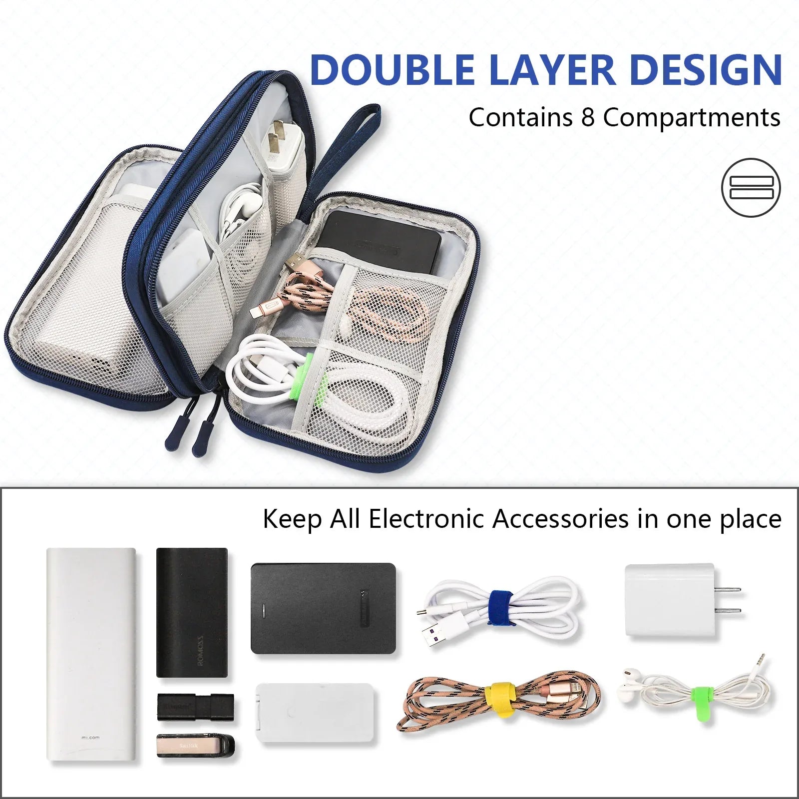 Dark Blue Portable Digital Organizer Bag - Multifunctional Storage for Power Banks, Cables, and Accessories(Photography Props Not Included) - Mekamart Australia