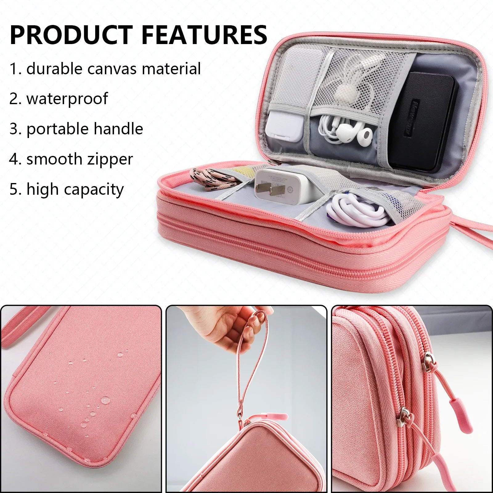 Pink Portable Digital Organizer Bag - Multifunctional Storage for Power Banks, Cables, and Accessories(Photography Props Not Included) - Mekamart Australia