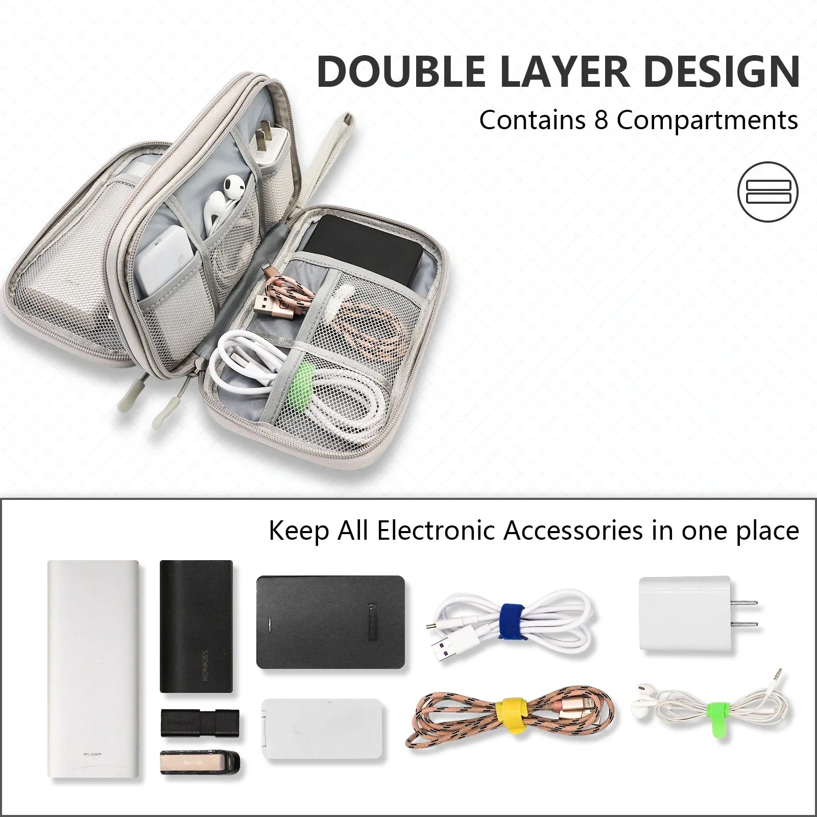 Grey Portable Digital Organizer Bag - Multifunctional Storage for Power Banks, Cables, and Accessories(Photography Props Not Included) - Mekamart Australia
