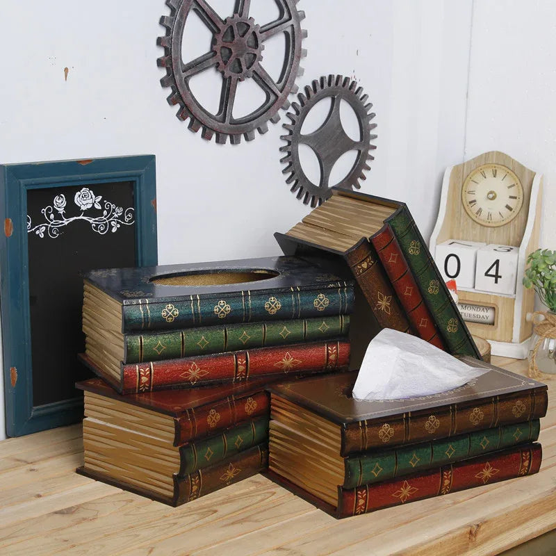 1 piece Dark Red Vintage Wooden Tissue Box - Creative Book-Shaped Tissue Holder for Home and Restaurant - Mekamart Australia