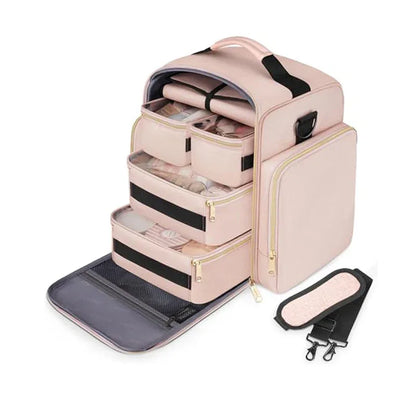 Pink 4-in-1 Travel Cosmetic Organizer Bag with Detachable Polyester Storage Boxes and Jewelry Roll, Multiple Compartments, Portable Makeup Bag - Mekamart Australia
