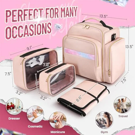 Pink 4-in-1 Travel Cosmetic Organizer Bag with Detachable Polyester Storage Boxes and Jewelry Roll, Multiple Compartments, Portable Makeup Bag - Mekamart Australia
