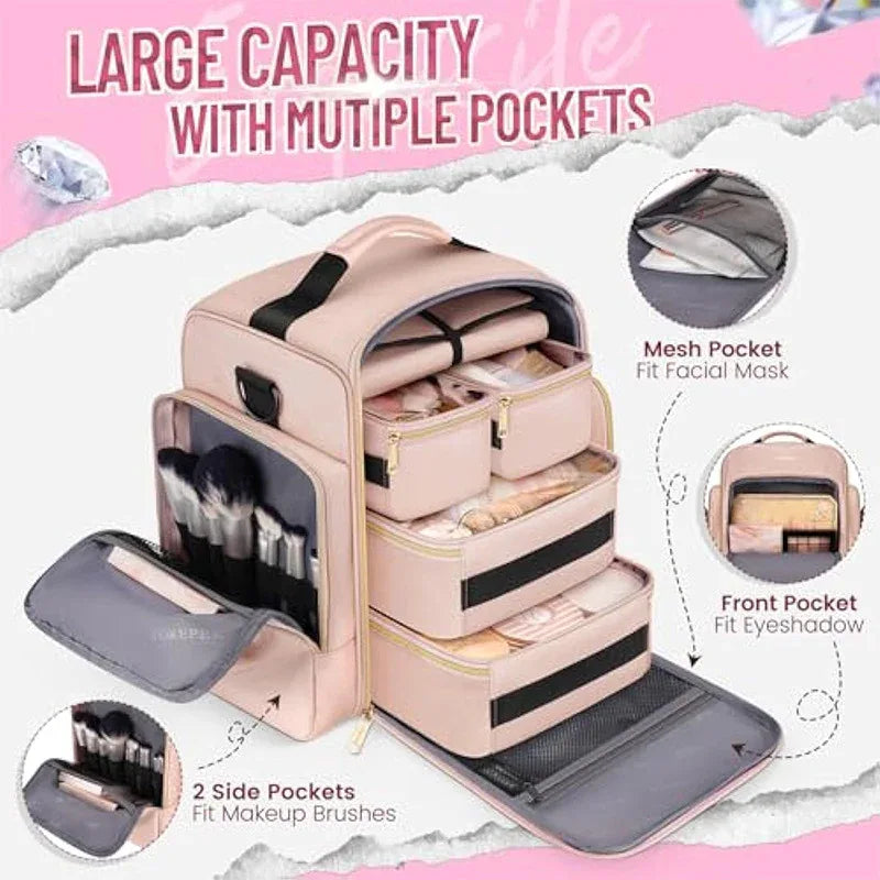 Pink 4-in-1 Travel Cosmetic Organizer Bag with Detachable Polyester Storage Boxes and Jewelry Roll, Multiple Compartments, Portable Makeup Bag - Mekamart Australia
