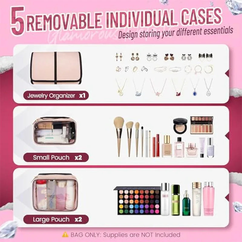 Pink 4-in-1 Travel Cosmetic Organizer Bag with Detachable Polyester Storage Boxes and Jewelry Roll, Multiple Compartments, Portable Makeup Bag - Mekamart Australia