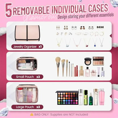 Pink 4-in-1 Travel Cosmetic Organizer Bag with Detachable Polyester Storage Boxes and Jewelry Roll, Multiple Compartments, Portable Makeup Bag - Mekamart Australia