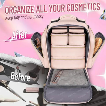 Pink 4-in-1 Travel Cosmetic Organizer Bag with Detachable Polyester Storage Boxes and Jewelry Roll, Multiple Compartments, Portable Makeup Bag - Mekamart Australia