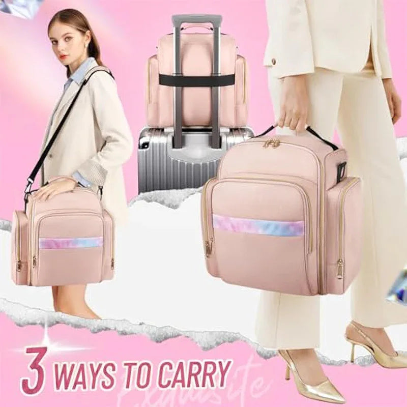 Pink 4-in-1 Travel Cosmetic Organizer Bag with Detachable Polyester Storage Boxes and Jewelry Roll, Multiple Compartments, Portable Makeup Bag - Mekamart Australia