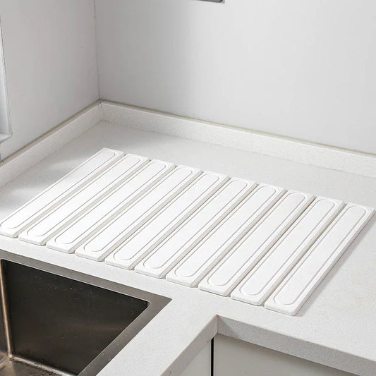 White Square Engraved Inner Frame Foldable Diatomaceous Earth Drying Mat - Super Absorbent, Fast-Drying, Non-Slip Kitchen Countertop Mat - Mekamart Australia