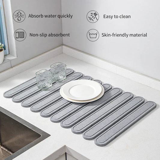 White Square Engraved Inner Frame Foldable Diatomaceous Earth Drying Mat - Super Absorbent, Fast-Drying, Non-Slip Kitchen Countertop Mat - Mekamart Australia