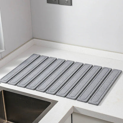 Light Gray Square Engraved Inner Frame Foldable Diatomaceous Earth Drying Mat - Super Absorbent, Fast-Drying, Non-Slip Kitchen Countertop Mat - Mekamart Australia
