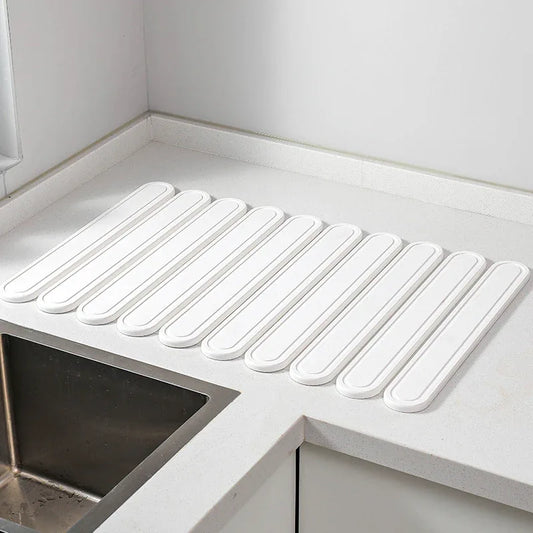 White Oval Shaped Engraved Inner Frame Foldable Diatomaceous Earth Drying Mat - Super Absorbent, Fast-Drying, Non-Slip Kitchen Countertop Mat - Mekamart Australia