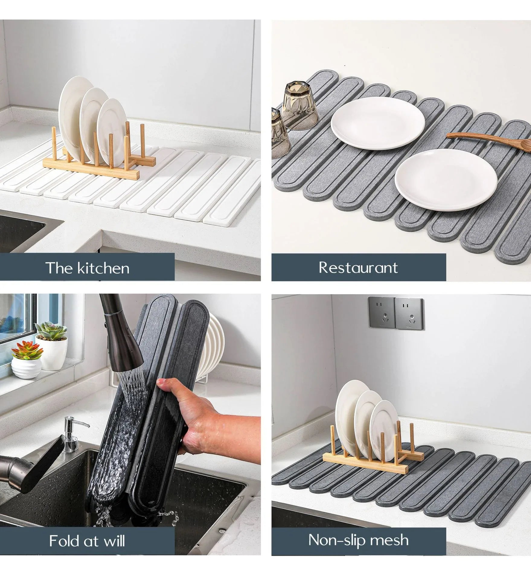 White Oval Shaped Engraved Inner Frame Foldable Diatomaceous Earth Drying Mat - Super Absorbent, Fast-Drying, Non-Slip Kitchen Countertop Mat - Mekamart Australia