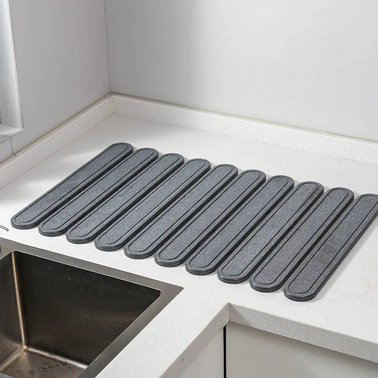 Dark Gray Oval Shaped Engraved Inner Frame Foldable Diatomaceous Earth Drying Mat - Super Absorbent, Fast-Drying, Non-Slip Kitchen Countertop Mat - Mekamart Australia