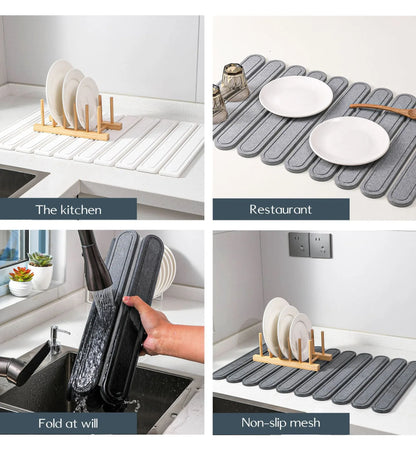 Dark Gray Oval Shaped Engraved Inner Frame Foldable Diatomaceous Earth Drying Mat - Super Absorbent, Fast-Drying, Non-Slip Kitchen Countertop Mat - Mekamart Australia
