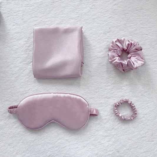 Pink Luxury Faux Silk Sleep Gift Set - 4-Piece Eye Mask, Pillowcase & Scrunchies for Relaxation & Comfort - Mekamart Australia