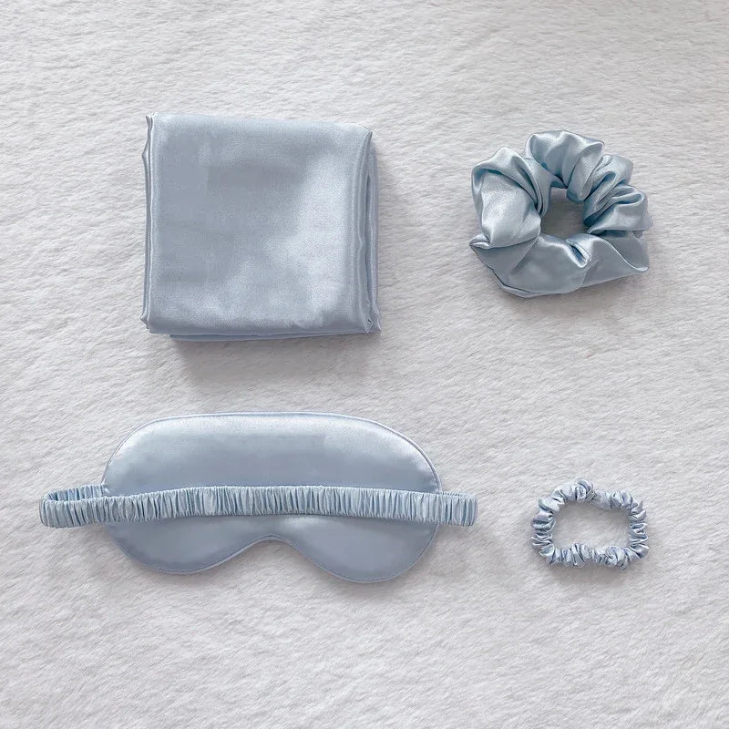 Light Blue Luxury Faux Silk Sleep Gift Set - 4-Piece Eye Mask, Pillowcase & Scrunchies for Relaxation & Comfort - Mekamart Australia
