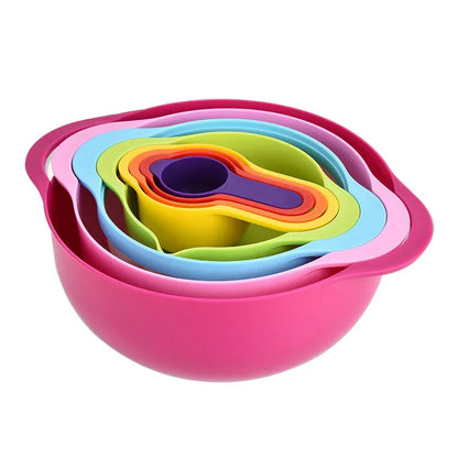 Pink 8-Piece Baking Tool Set - Measuring Cups, Spoons, Rainbow Mixing Bowls, Vegetable Washing Basket, and Flour Sifter - Mekamart Australia