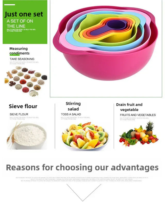 Pink 8-Piece Baking Tool Set - Measuring Cups, Spoons, Rainbow Mixing Bowls, Vegetable Washing Basket, and Flour Sifter - Mekamart Australia