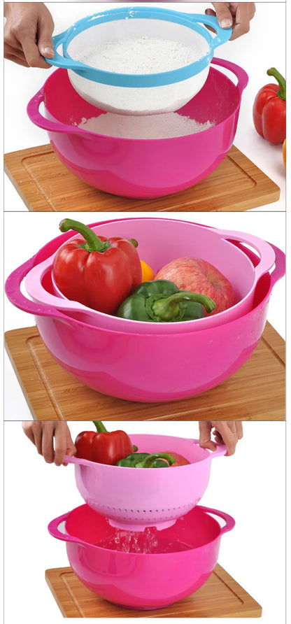 Light Pink 8-Piece Baking Tool Set - Measuring Cups, Spoons, Rainbow Mixing Bowls, Vegetable Washing Basket, and Flour Sifter - Mekamart Australia