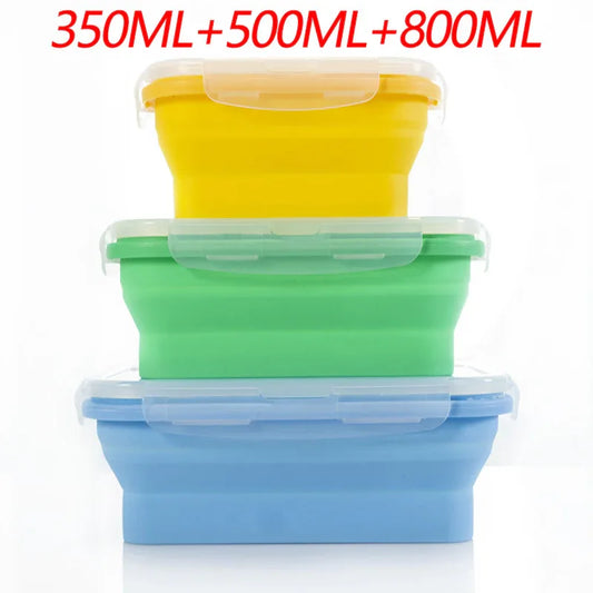 3-piece Set (Yellow + Green + Blue) Collapsible Silicone Food Storage Containers Set – 350ML, 500ML, 800ML | BPA-Free, Microwave, Dishwasher & Freezer Safe | Foldable & Portable Bento Boxes for Travel & Outdoor - Mekamart Australia