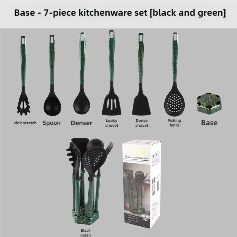 Black And Green Set High-Temperature Resistant 7-Piece Silicone Kitchen Utensils Set - Non-Stick Cooking Tools, Food-Grade Silicone, Heat-Resistant Spatulas, and Spoons for Non-Stick Pans - Mekamart Australia