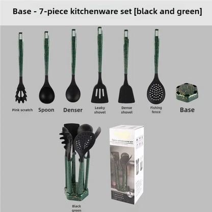 Black And Green Set High-Temperature Resistant 7-Piece Silicone Kitchen Utensils Set - Non-Stick Cooking Tools, Food-Grade Silicone, Heat-Resistant Spatulas, and Spoons for Non-Stick Pans - Mekamart Australia