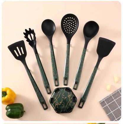 Black And Green Set High-Temperature Resistant 7-Piece Silicone Kitchen Utensils Set - Non-Stick Cooking Tools, Food-Grade Silicone, Heat-Resistant Spatulas, and Spoons for Non-Stick Pans - Mekamart Australia