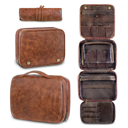 Reddish Brown Luxury PU Business Travel Toiletry Bag – Large Capacity Waterproof Makeup Organizer with Dividers – Portable & Stylish Bathroom Storage - Mekamart Australia